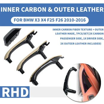

RHD Left Hand Carbon Fiber Beige Car Interior Inner Door Pull Handle Trim Cover W/ Outer Leather Full set For BMW X3 X4 F25 F26