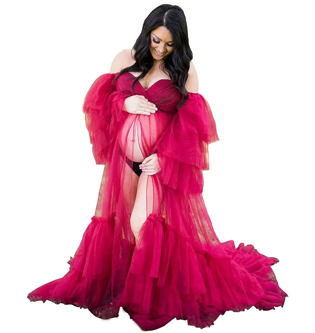 Tulle Robe for Maternity Photoshoot Off-the-shoulder Multi-Layer Robes for Photo Shoot or Baby Shower Ruffle Photography Shawel