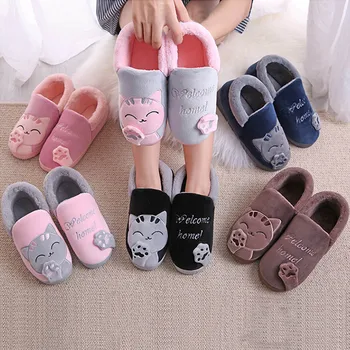 

New Snow Women Cover Heel Slippers Winter Home Slippers Cartoon Cat Non-slip Warm Indoors Bedroom Floor Shoes Chaussures Femme