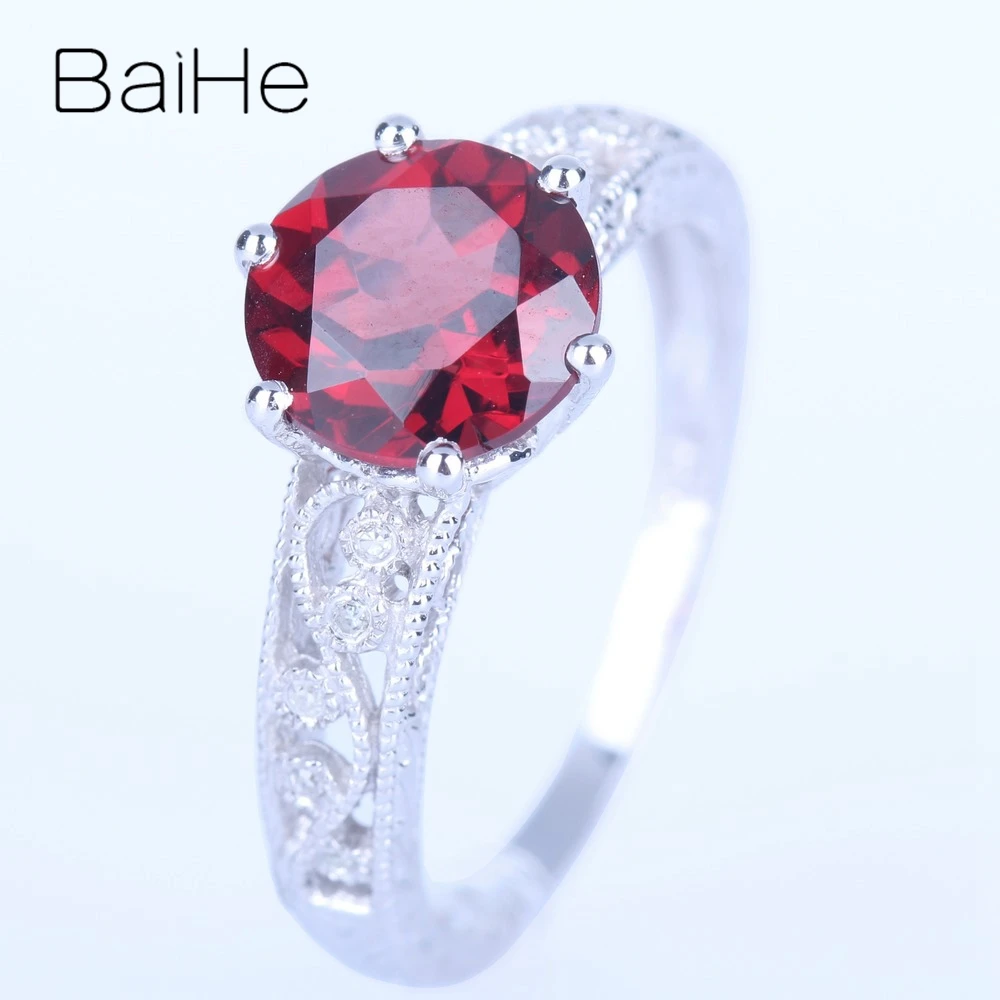 BAIHE Solid 14K белое золото 2.117ct Сертифицированный красный круглый вырез натуральный гранат безупречное Помолвочное женское модное кольцо