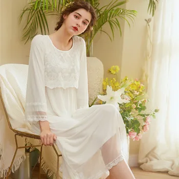 

2020 Autumn and Winter New Palace Women's Long-sleeved Home Service Sweet Mesh Girls Nightdress Shirt Lace Nightdress