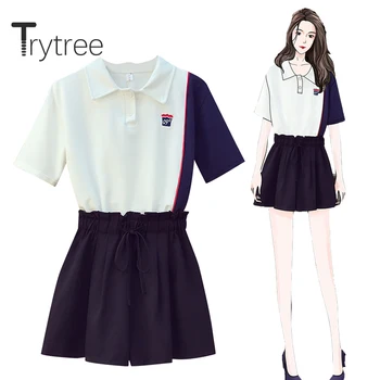 

Trytree 2020 Summer Women two piece set Casual Turn-down Collar Loose Tops + Short Solid Elastic Waist Drawstring 2 piece set