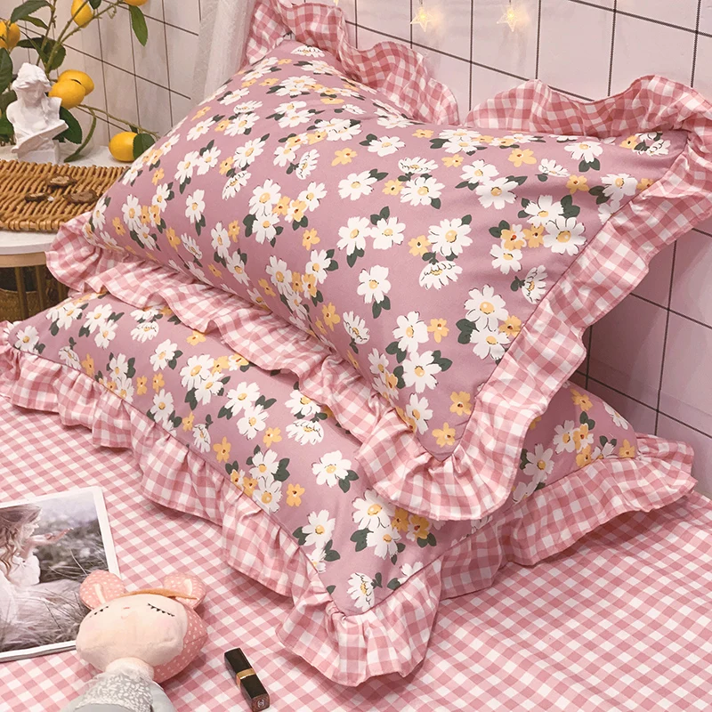 

2pcs Europe Ruffle Pillowcase Flower Wrinkle Elegant Pillow Cases Pastoral Floral Pillow Cover Bownot Sweet Princess