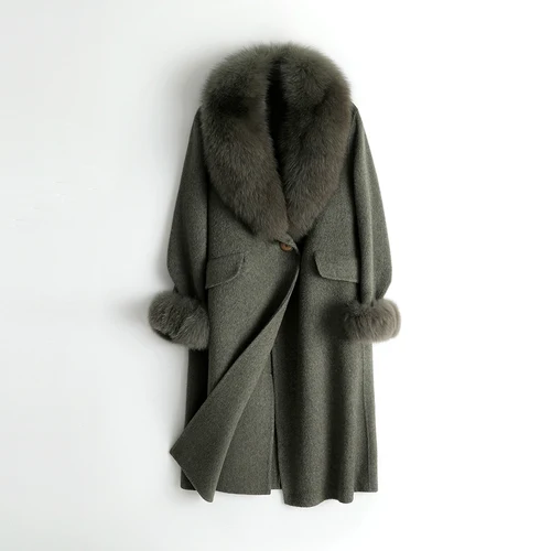 army green Воротник из лисьего меха 5% кашемир 95% шерсть куртка осень зима пальто женская одежда корейское винтажное шерстяное пальто длинные топы ZT4896 - Цвет: army green