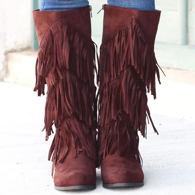 Litthing Boho/модные женские сапоги из флока; высокие сапоги с бахромой на Плоском Каблуке; женские сапоги до колена с бахромой; Размеры 35-43