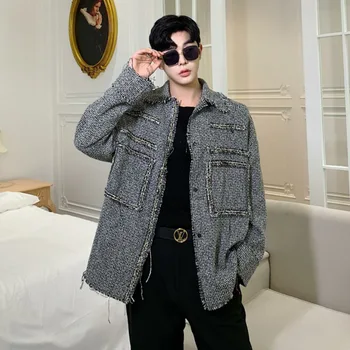 

Men Autumn Streetwear Hip Hop Jacket Coat Outerwear Vintage Fashion Thick Shirt Woolen Tassels Loose Casual Plaid B70