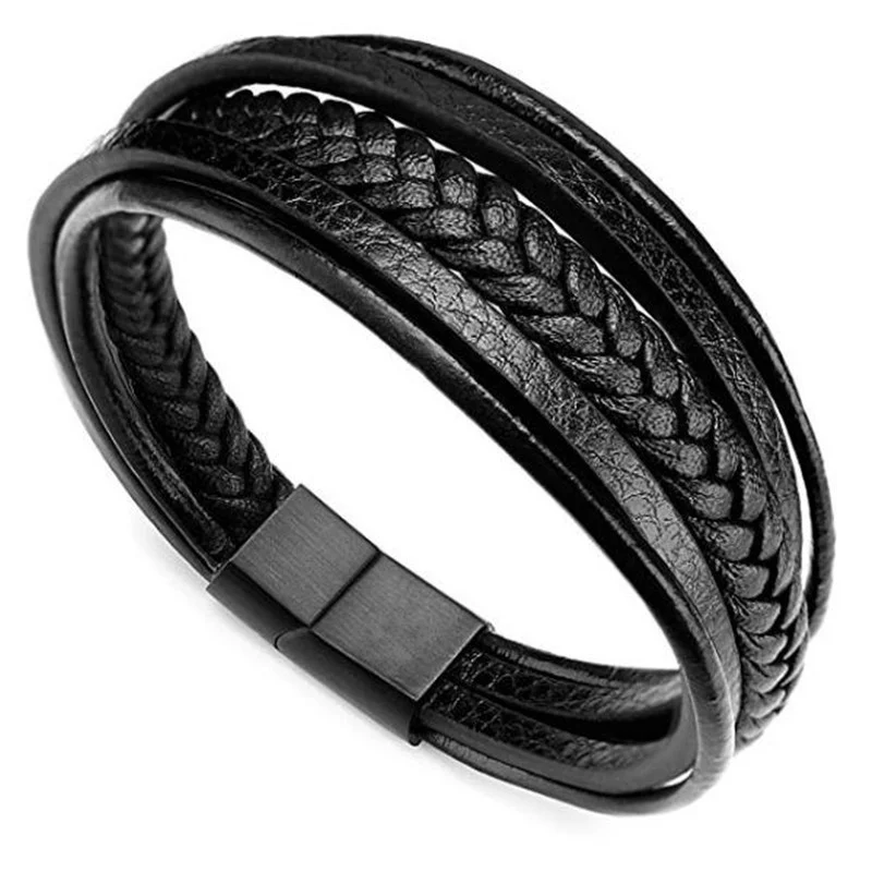 Mens leather bracelet Leather bangles for men Magnetic-Clasp Cowhide Braided Multi Layer Wrap Bracelet man pulseras para hombre