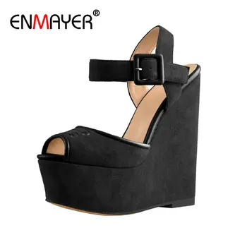 

ENMAYER 2020 Sexy Wedges Shoes for Women Casual Buckle Strap Flock High Heels Sandals Women Basic Platform High Heel Sandals