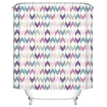 

Shower Curtain Set, Geometric Decor Eastern Art Print Violet Pink Teal, Fabric Bathroom Set with Hooks, 72W X 84L Inches,