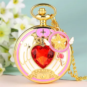 

Cosplay Cardcaptor Sakura Theme Pocket Watch with for Girl Star Magic Cane Necklace Watches with Star Scepter Hanging Gift for G