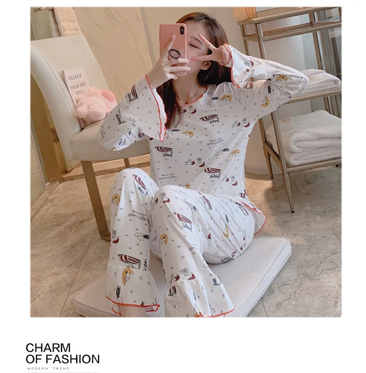 Wontive Autumn Women Long Sleepwear Suit Home Women Gift Female Sleepwear Cartoon female big plus size womens pajamas Sets