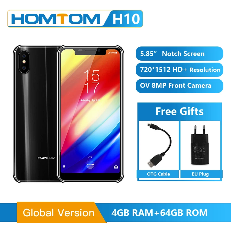 Мобильный телефон HOMTOM H10, 4 ГБ, 64 ГБ, Android 8,1, 5,85 дюймов, экран MTK6750T, Восьмиядерный, сканер отпечатков пальцев, 16 Мп, камера, 4G, смартфон