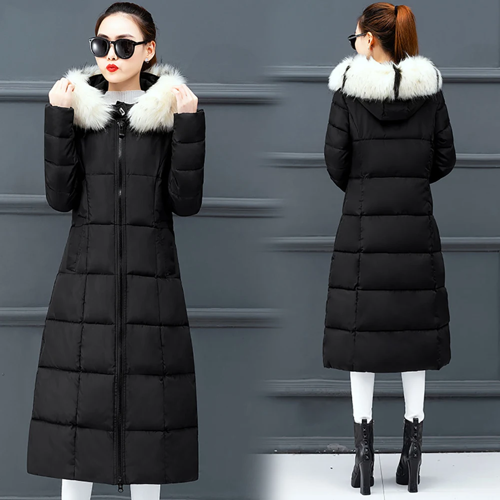 Faux Fur Hooded Slim Fit Thickening Over Knee Warm With Pockets Casual Windproof Women Down Coat Winter Daily Solid Zipper