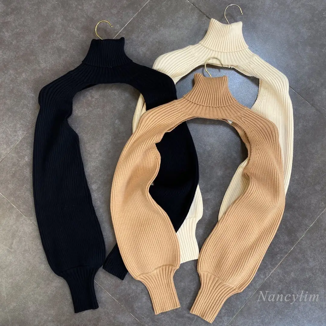 

2020 Autumn and Winter Turtleneck Bubble Long Sleeve Sexy Sweaters Short Knit Top Lady Cropped Pullovers