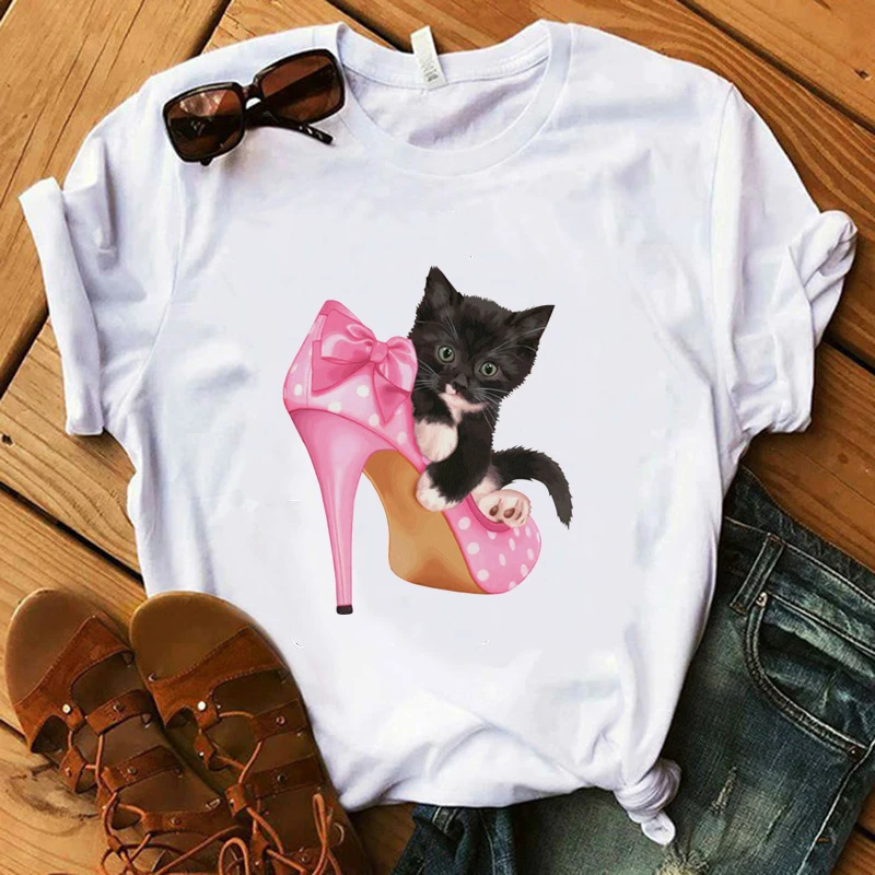 

Paris Style T Shirt Women Summer Shirt Lady Floral Earring Pink High Heel Cat Tops Gift Harajuku Luxury T-shirt