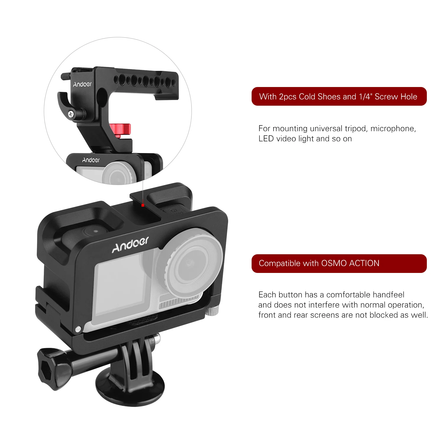 Andoer металлическая ручка для камеры для OSMO ACTION Vlogging чехол для съемки с креплением для холодного башмака 1/4 винт аксессуары для камеры s