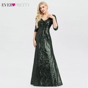 

Sexy Dark Green Prom Dresses Ever Pretty EP00958DG Deep V-Neck 3/4 Sleeve Sequined Sparkle Mermaid Formal Dresses Gala Jurken