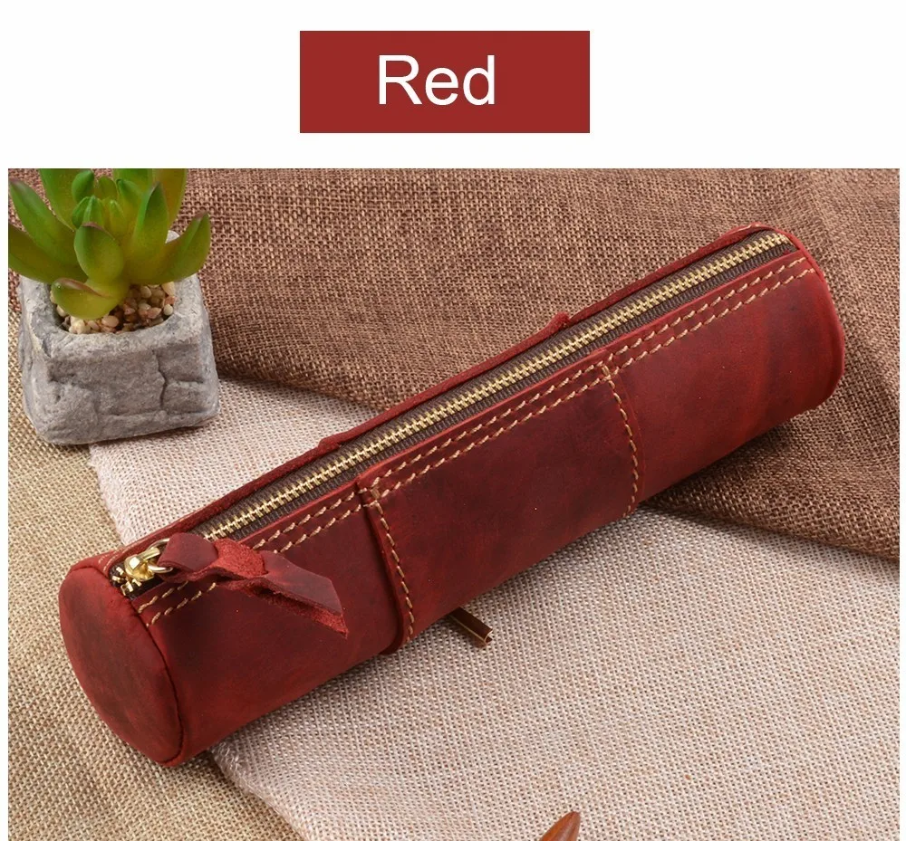 Genuine Leather Zipper Pen School Vintage Product Creative Pencil Stationary Model Trinodal Retro Handmade Bag Style