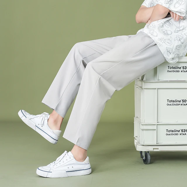 GlacialWhale Men Wide Leg Pants 2021 New Casual Light Weight Joggers Trousers Streetwear Cold Feeling Comfortable Home Pants Men Light Grey