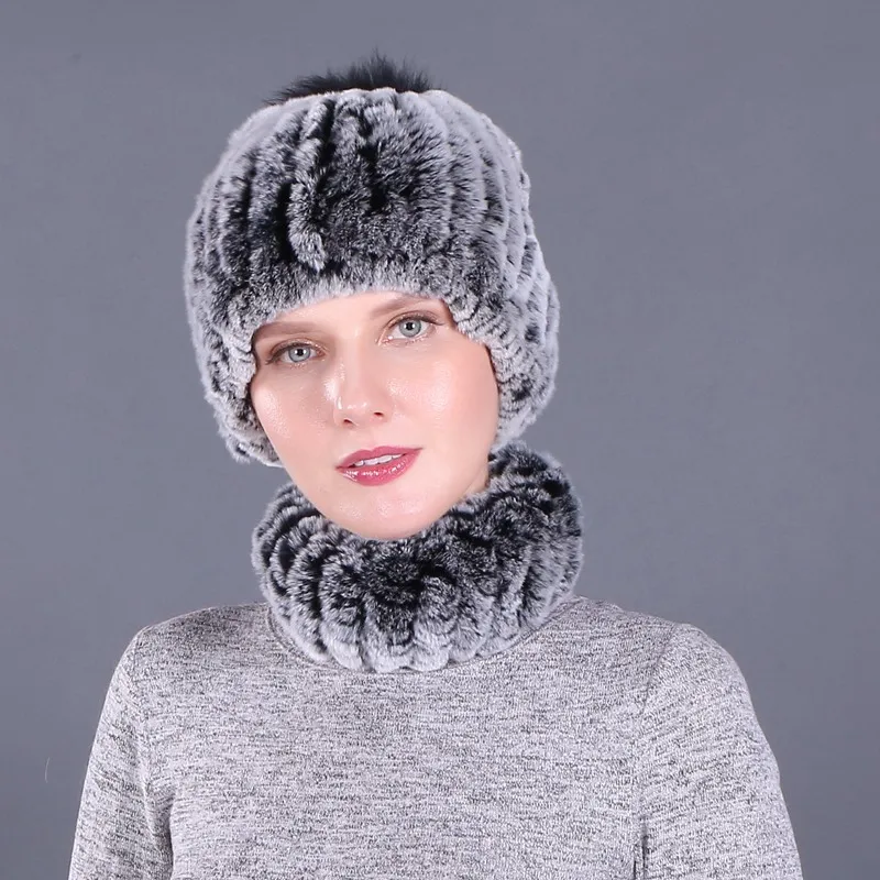 ZDFURS* Зима настоящий мех кролика женские наборы шарф шапка женские шапки шарфы - Цвет: color1