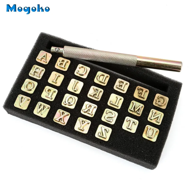 1 Set Mogoko 27 шт. Leathercarft набор инструментов для штамповки, 26 буквенный Алфавит штампы стальной пробойник инструмент 6 мм+ 1 ручка для тиснения кожи ремесло - Цвет: 1 Set