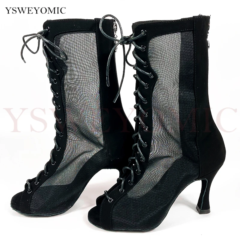 2020 Women Mesh High Boots Dance Shoes Suede Outsole Black Nubuck Leather Salsa Latin Dance Shoes With Factory Price
