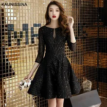 KAUNISSINA A-Line Cocktail Dress Sequins Black Party Gown 3/4 Sleeve Short Banquet Party Prom Dresses Homecoming Robes