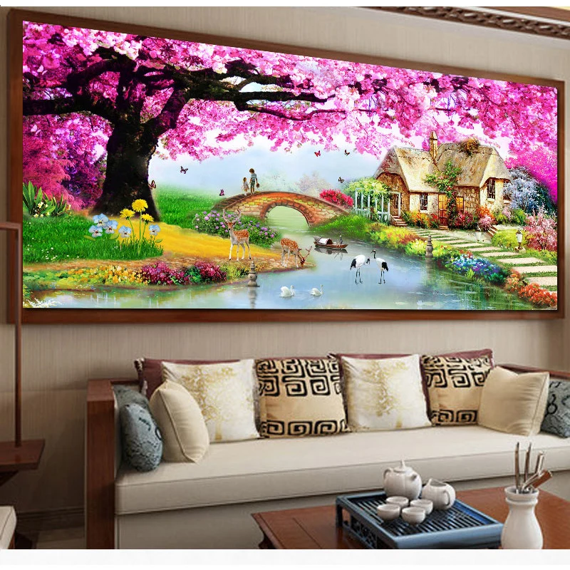 

Youran Diy Diamond Embroidery Cherry Blossom Hut lake 5D Diamond Mosaic Painting Landscape Cross Stitch Full Rhinestone Painting