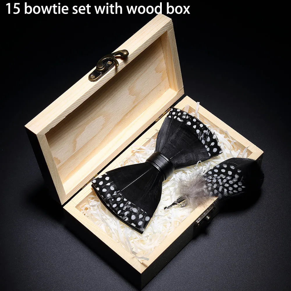 15 in Wooden Box RBOCOTT дизайн галстуки-бабочки галстук-бабочка с перьями изысканная ручная работа Мужская брошь для галстука-бабочки булавка деревянный подарочный набор для мужчин Свадебный - Цвет: 15 in Wooden Box