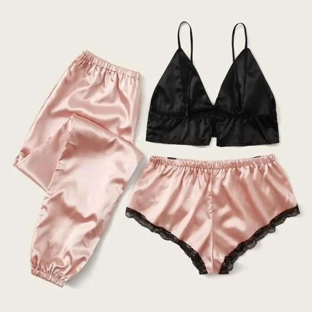 3PC Women Nightwear Lingerie Satin Silk Wireless Bra Shorts Trousers Set Sleepwear Pajamas komplet bielizny damskiej W