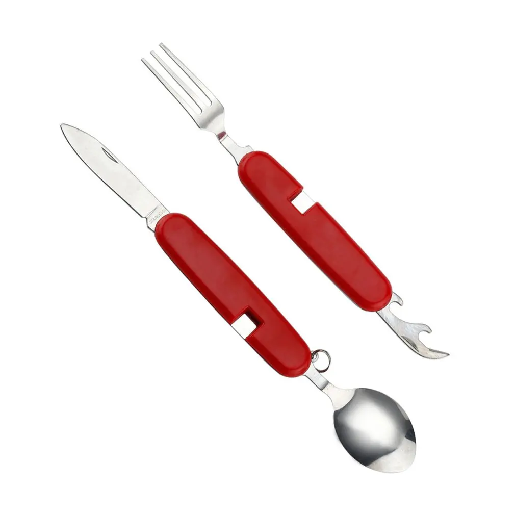 

4 in 1 Multifunctional Outdoor Tableware Stainless Steel Foldable Fork Spoon Knife Picnic Camping Hiking Dinnerware Drop Ship