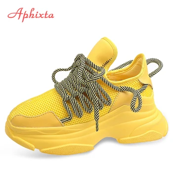 

Aphixta 2020 Fashion Old Daddy Sneakers Women Thick Bottom Classic Round Toe Air Mesh Breathing Leisure Yellow Women Shoes