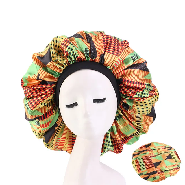 New Women Big Size Beauty print Satin Silky Bonnet Sleep Night Cap Head Cover Bonnet Hat for For Curly Springy Hair Black 408C green