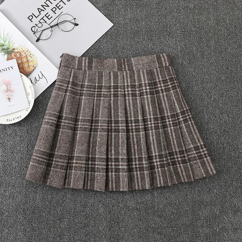 Fall/Winter Women Pleated Skirts High Waist A-Line Female Plaid Skirt Woolen Warm Woman Skirts Harajuku Kawaii Ladies Mini Skirt ruffle skirt Skirts