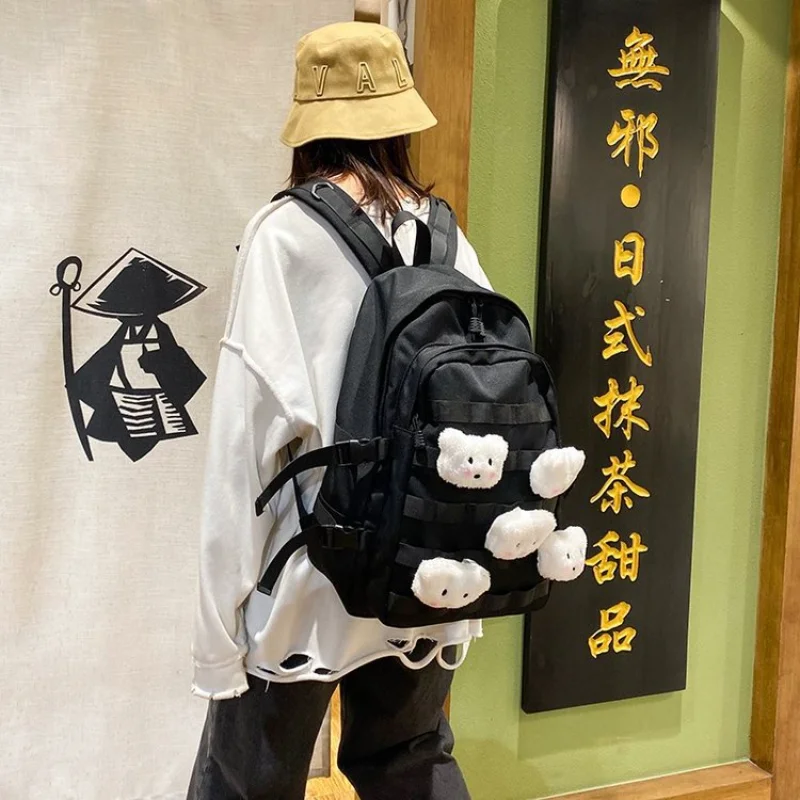 Preppy Students Kawaii Bear Backpack Large Capacity Button Travel Bag Solid Simple Harajuku Fashion Retro Unisex High Street Bag