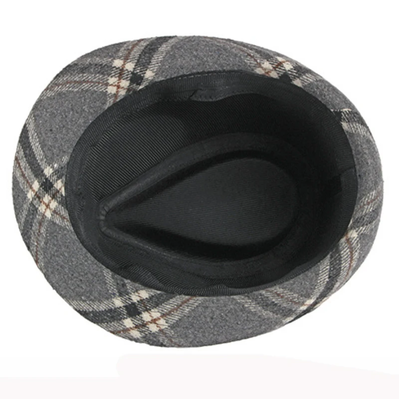 HT2775 Fedoras мужская кожаная Фетровая Шляпа Дерби джаз шляпа Ретро Мужские осенне-зимние шапки для мужчин винтажная Клетчатая Шерстяная шляпа