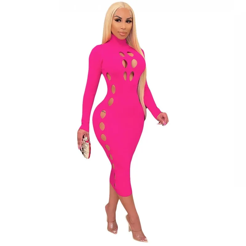 Hollow Sexy Dress Fashion Simple Solid Color Long-Sleeved Tight Pencil Skirt 2021 Autumn New Long Skirt African Women