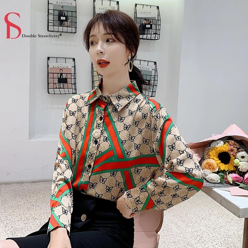 

Double Strawberry Blouses Spring Womens Tops and Blouses Retro Elegant Print Striped Contrast Color Long-sleeved Shirt blusas