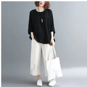 

Fashion 2019 Summer Casual Pocket Elastic Waist Wide Leg Trousers Casual Women Ankle Length Cotton Linen Loose Pants
