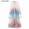 BOHO Gradient Rainbow Color Single-breasted Button Long Dress Sexy Women Holiday Wood ear Tassel Long Sleeve Ruffles Dresses ► Photo 1/6