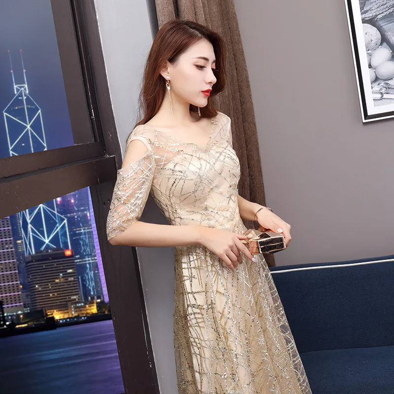 It's Yiiya Champagne Shiny Glitter Evening Dress Sexy V-neck Formal Dresses Robe De Soiree Elegant Women Party Gown K195