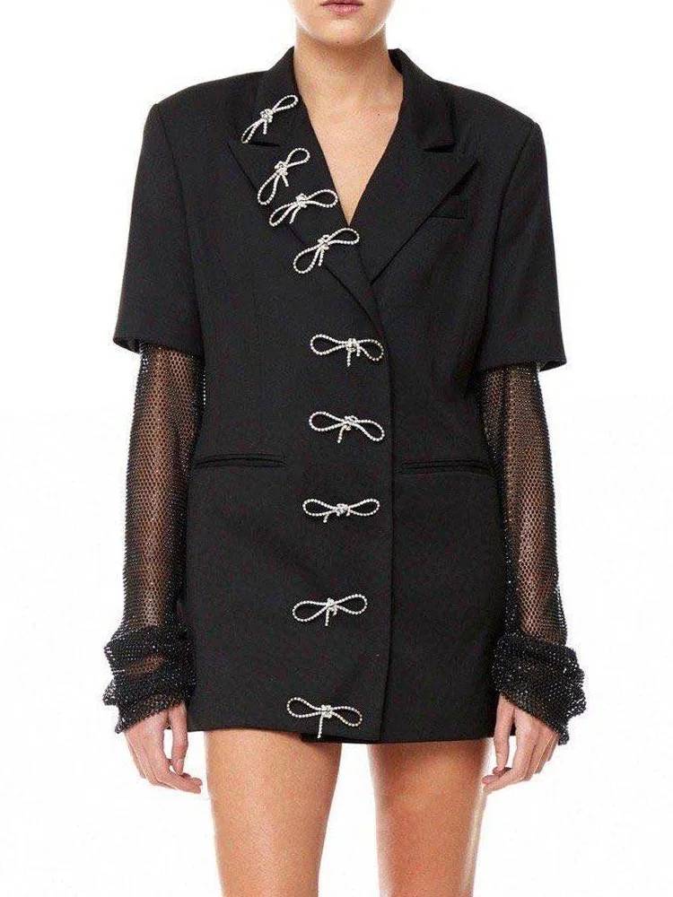 

Heavy craft diamond bow decoration fashion casual loose blazer 2020New women's autumn mid-length bright mesh sleeve blazer XL