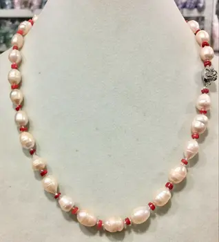 

20” New 10-11mm freshwater cultured rice pink pearl & red coral necklace