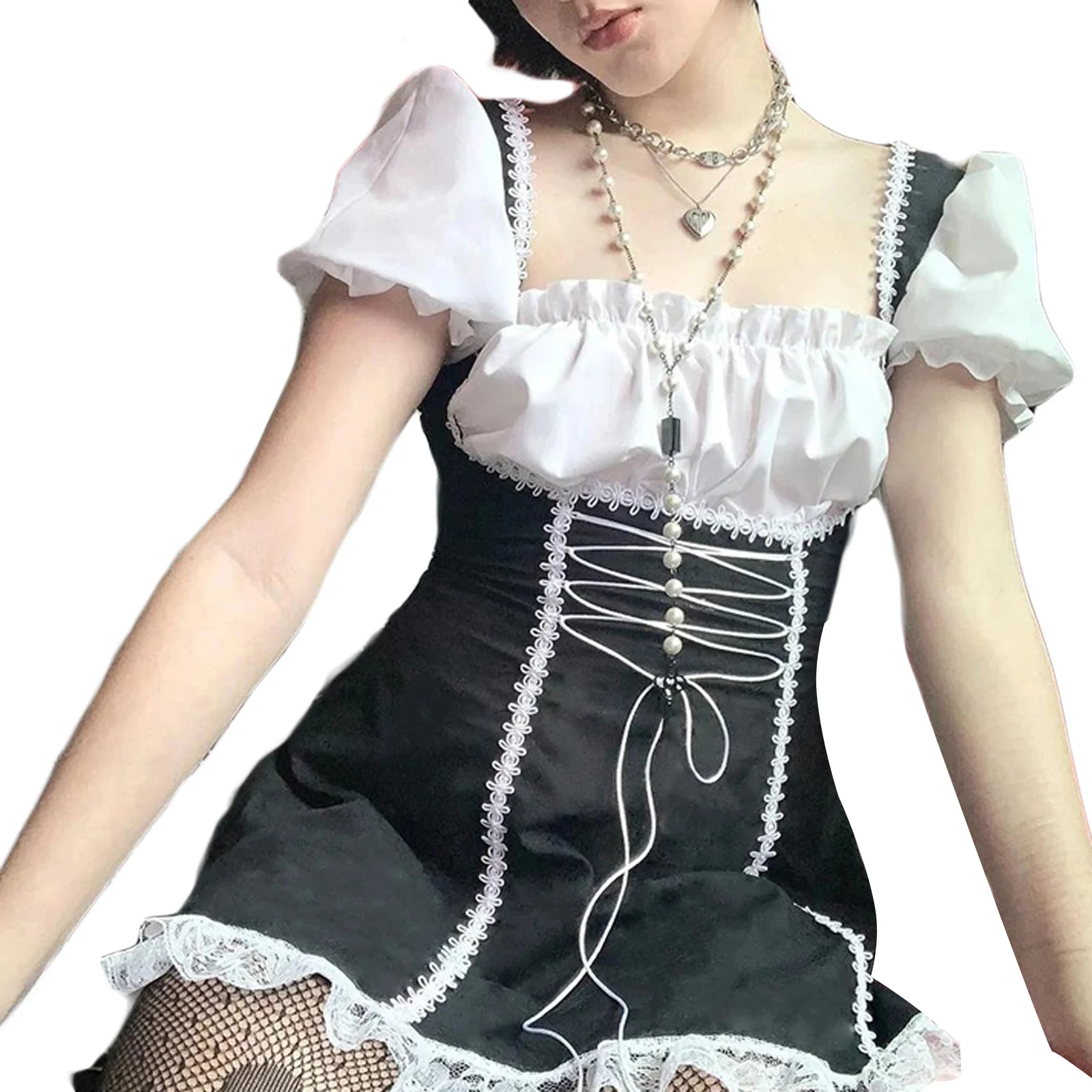 IMCUTE Maid Dress Sexy Lace Bandage Square Neck Short Sleeve Mini Skirt Gothic Kawaii Girl Cosplay Uniform Temptation Slim Dress