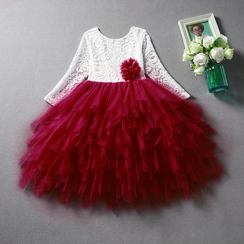 Новое Кружевное платье для девочек с длинными рукавами; детская одежда с цветочным рисунком; От 2 до 8 лет; модные детские платья принцессы; праздничная одежда для девочек