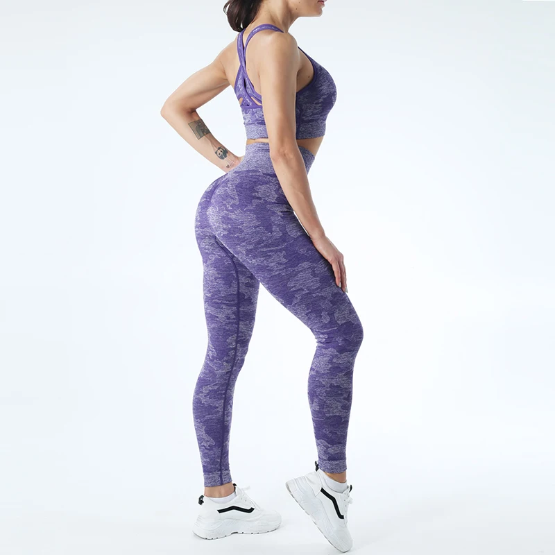 Бесшовный Бюстгальтер для йоги комплект Фитнес Костюмы камуфляжная спортивная одежда женские леггинсы для спортзала брюки бюстгальтер спортивный комплект из 2 предметов, спортивный комплект