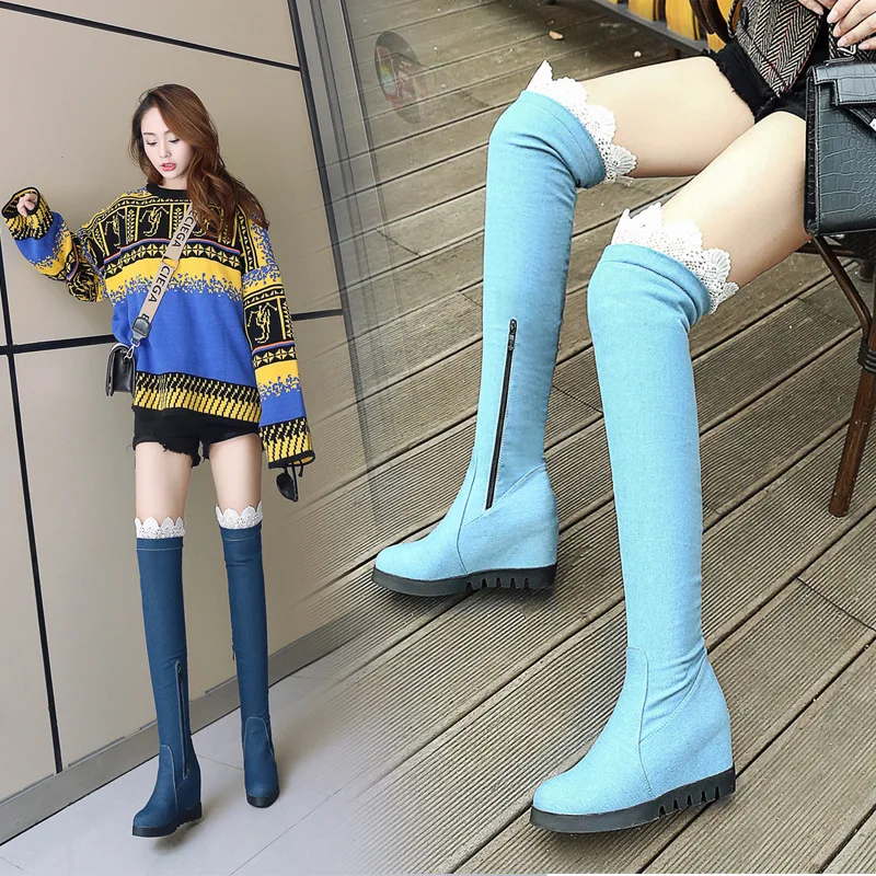 

18 Jean Fabric over-the-Knee Lace Women's Boots Slimming Extra High Women Long Boots