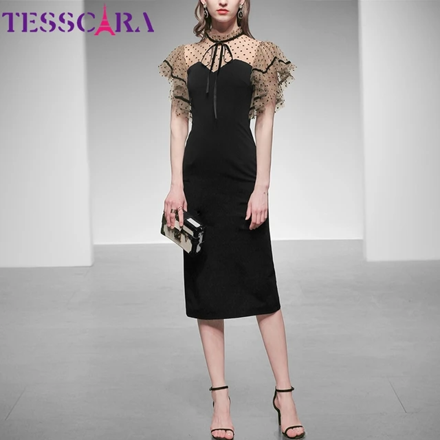 TESSCARA Women Summer Elegant Pencil Dress Festa High Quality Vintage Office Cocktail Party Robe Femme Mesh Designer Vestidos 2