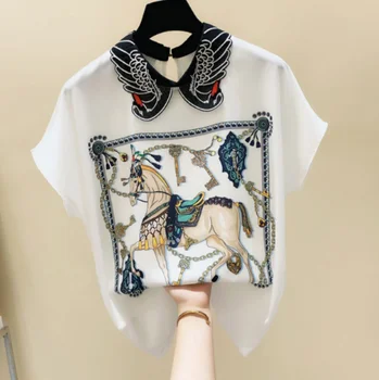 

Printed Doll Collar Chiffon Blouse Women Short Sleeve Shirt Women's 2020 Summer New Style Ladies All-match Top Blusas Mujer
