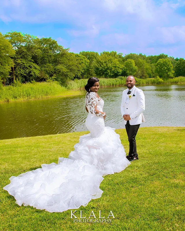 Свадебные платья больших размеров в африканском стиле с русалочкой, прозрачное кружевное платье с круглым вырезом и аппликацией, свадебное платье с длинным рукавом и оборками для собора